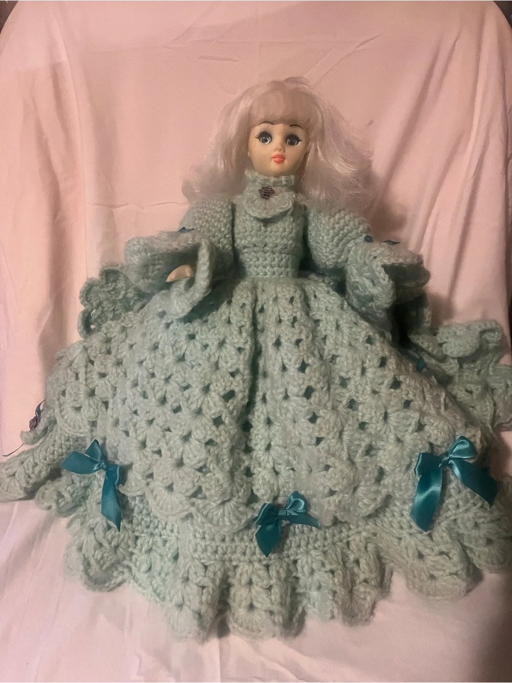 Vintage Doll with Handmade Light Aqua Crochet Dress with Ribbon Accents